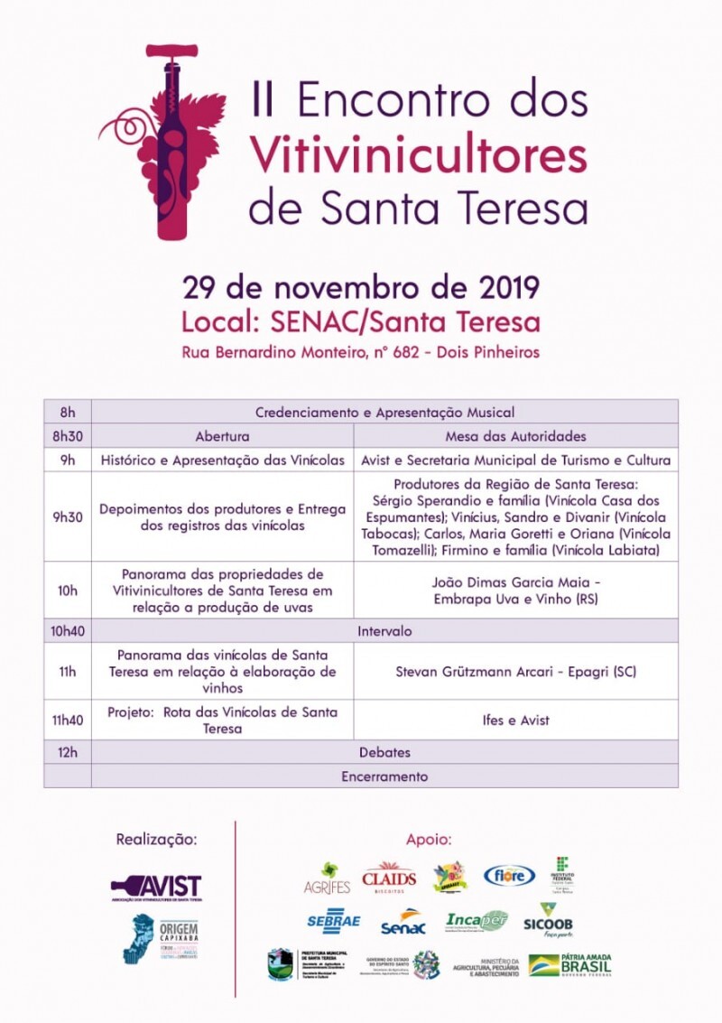Temos a grande satisfação de convidá-los a participar do II Encontro dos Vitivinicultores de Santa Teresa/ES