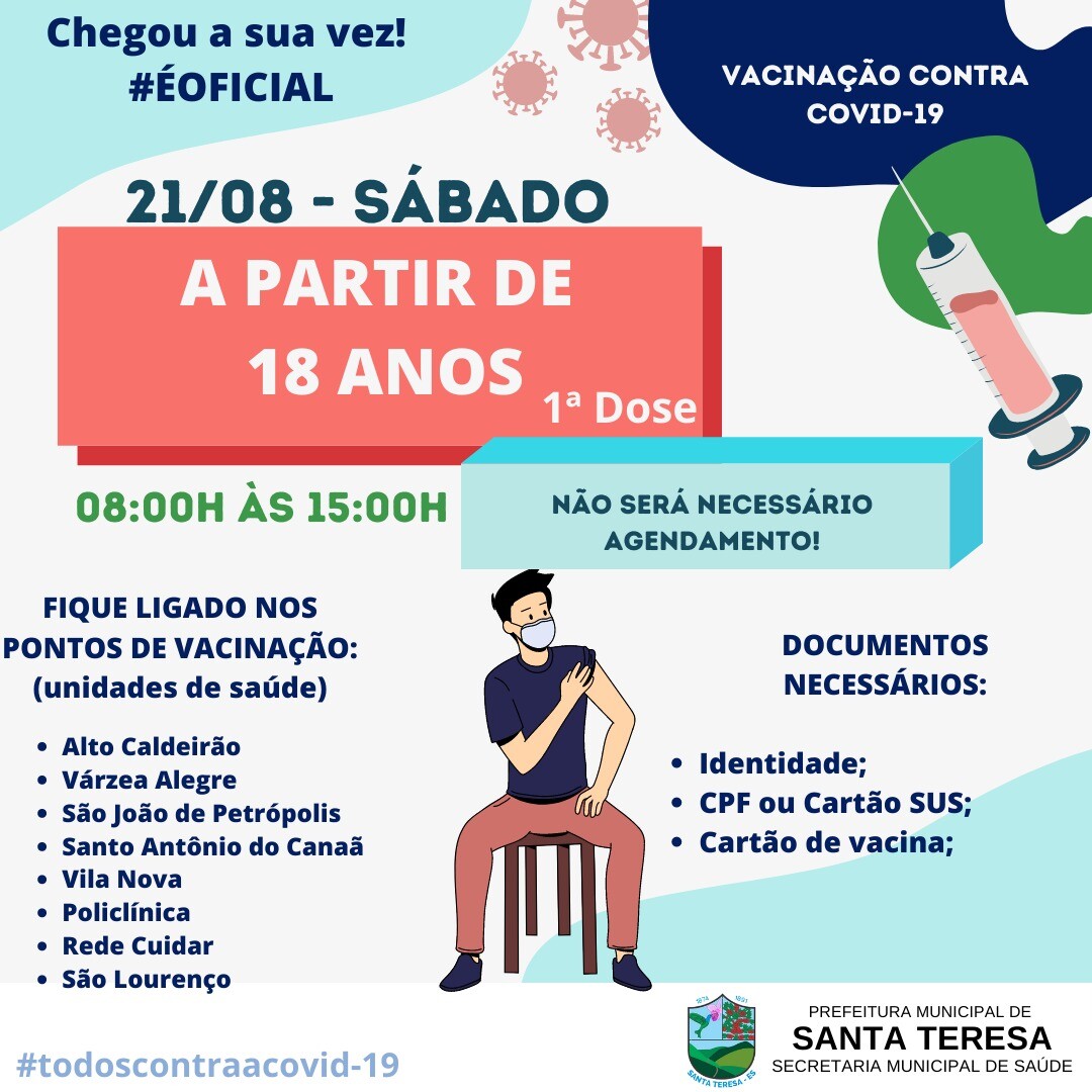 Sábado (21) tem vacinação contra a covid a partir de 18 anos