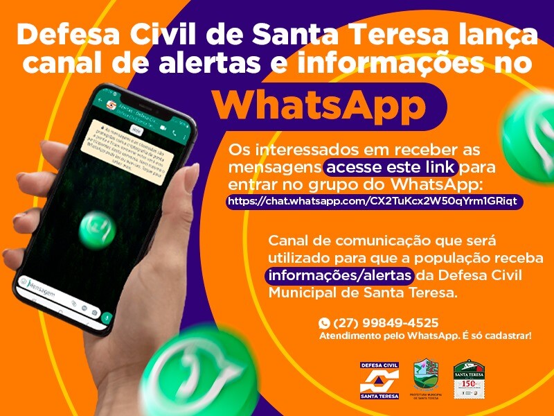 Defesa Civil de Santa Teresa lança canal de alertas e informações no WhatsApp