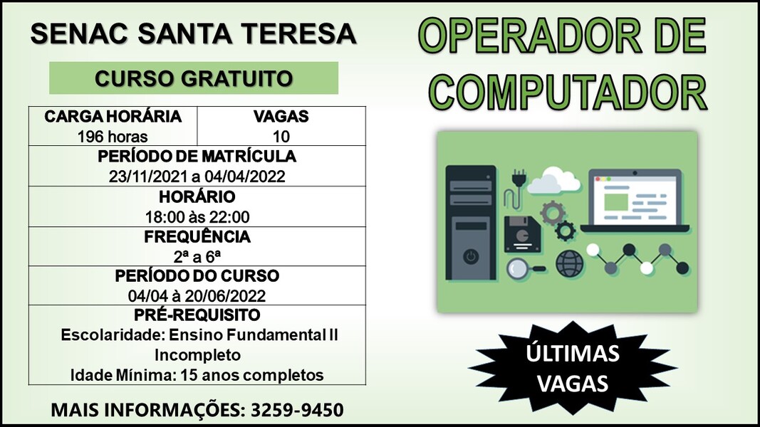 Senac Santa Teresa oferece curso de Operador de Computador