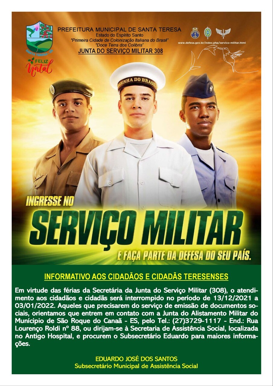 Atendimento da Junta do Serviço Militar de Santa Teresa ficará interrompido até 03 de janeiro