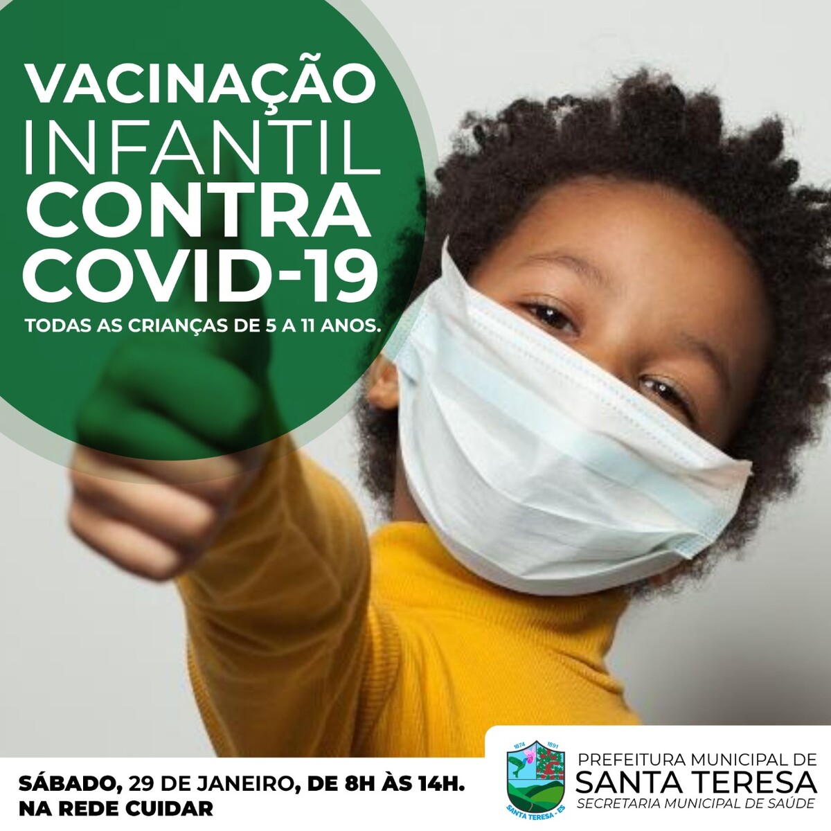 Neste sábado (29) tem vacinação para crianças entre 5 e 11 anos