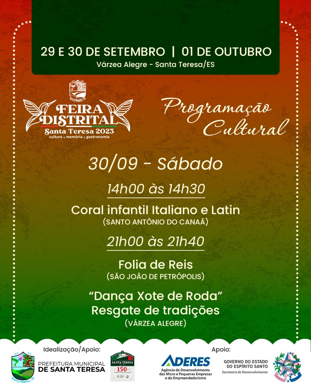 SANTA TERESA TERÁ FEIRA DISTRITAL COM SHOW NACIONAL E ENTRADA GRATUITA