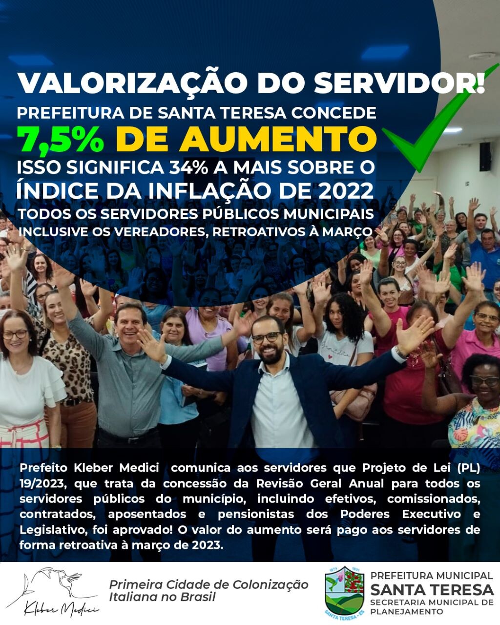 Valorização do Servidor! Prefeitura de Santa Teresa concede 7,5% de aumento à todos os servidores públicos municipais.