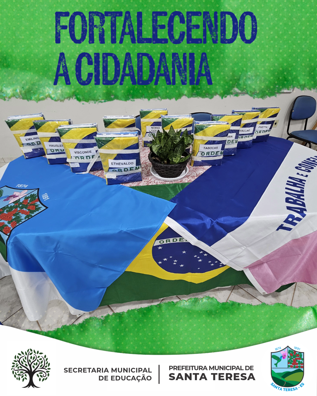 Prefeitura de Santa Teresa entrega novos kits de bandeiras para fortalecer cidadania e identidade nas escolas municipais