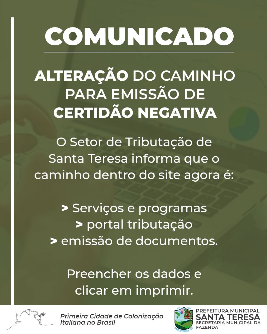 COMUNICADO EMISSÃO DE CERTIDÃO NEGATIVA 