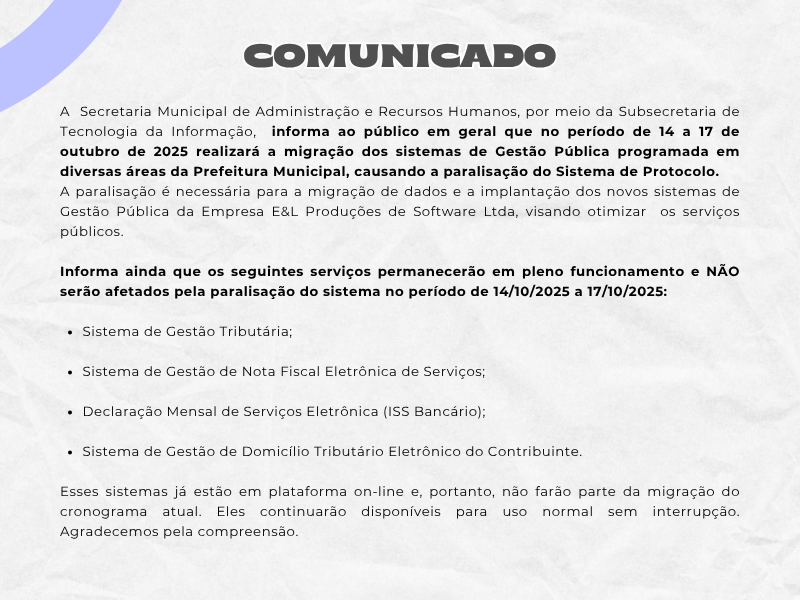 Aviso de Migração dos Sistemas de Gestão Pública