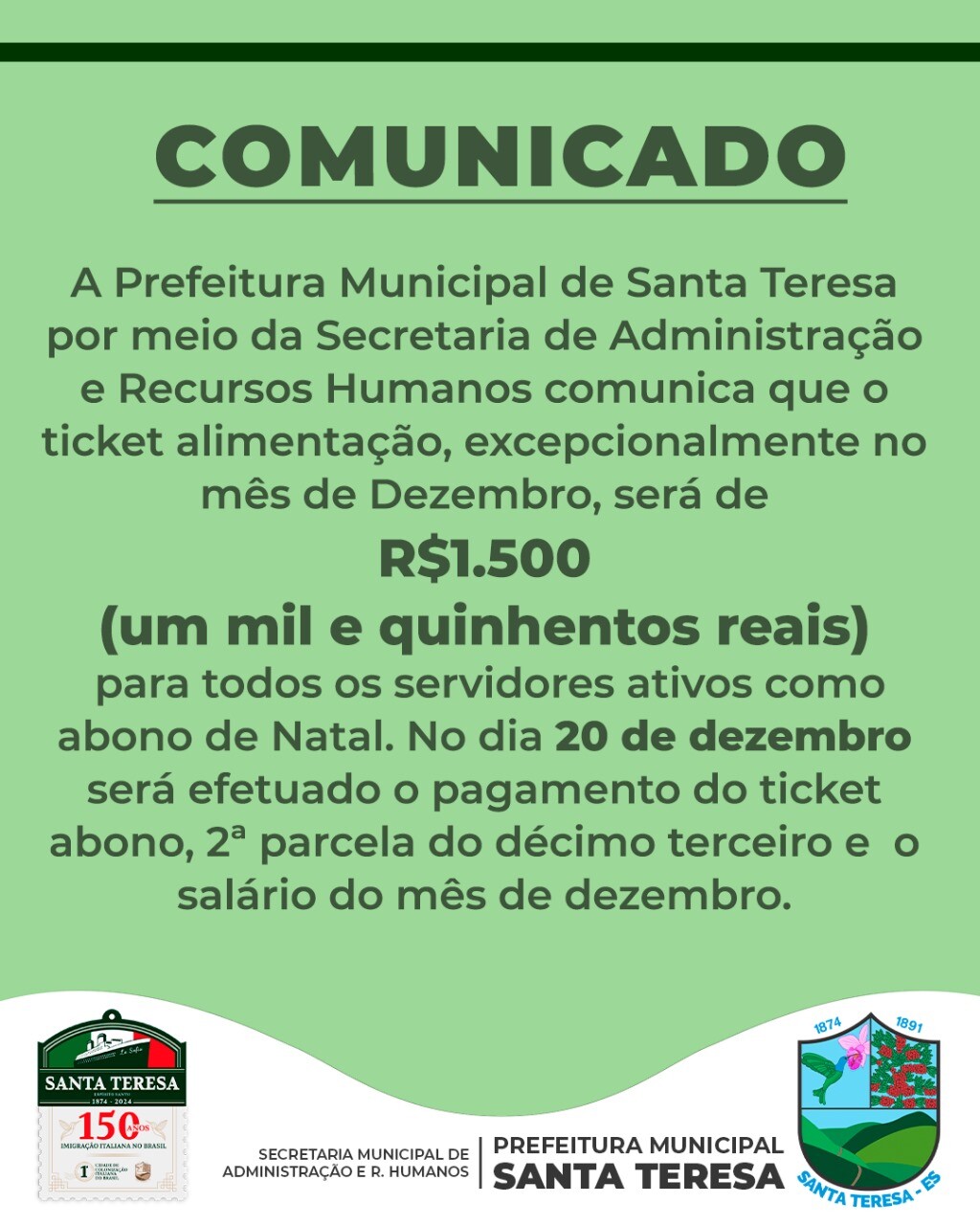  Servidores ativos da Prefeitura de Santa Teresa terão abono de R$ 1.020 no ticket-alimentação em dezembro, totalizando R$1.500