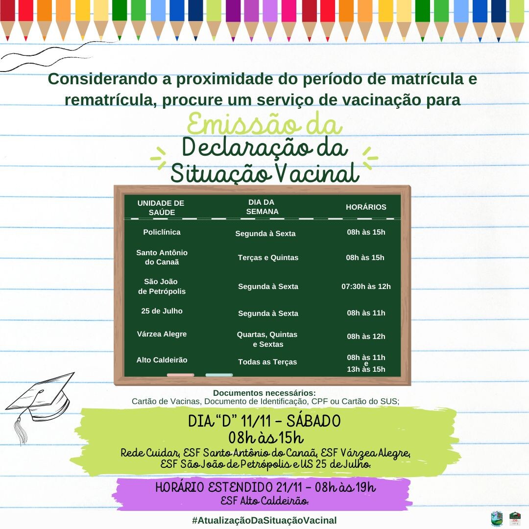 Estudantes das escolas municipais, estaduais e privadas de Santa Teresa devem atualizar suas cadernetas de vacinação 